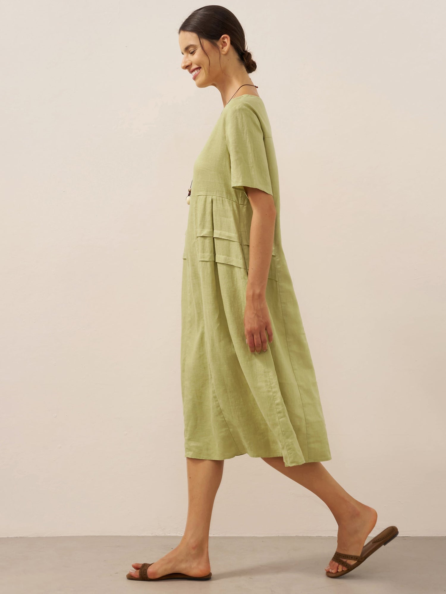 100% Linen Pleated Crew Neck Midi Dress MILA - Glamourous Grace