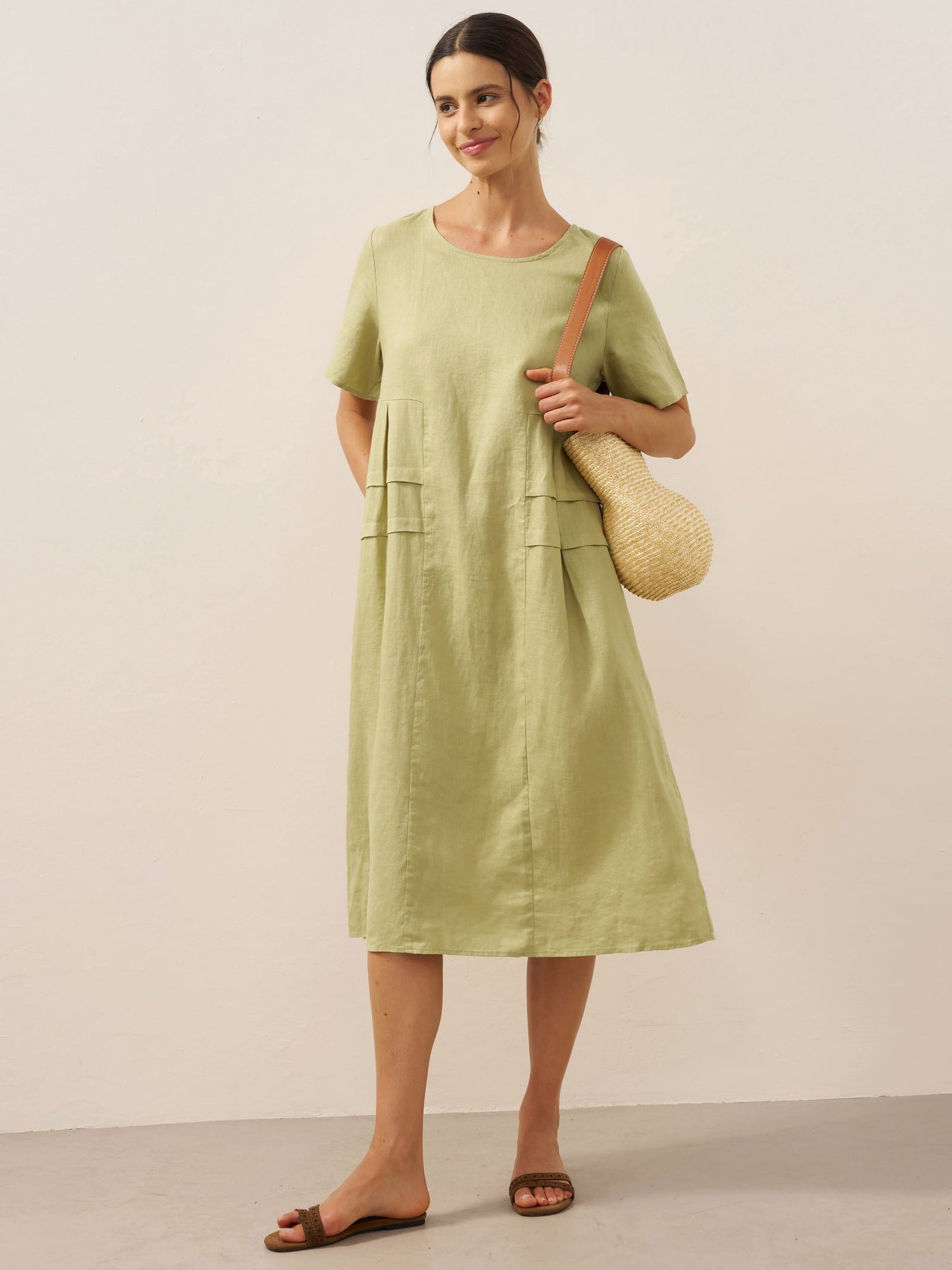 100% Linen Pleated Crew Neck Midi Dress MILA - Glamourous Grace