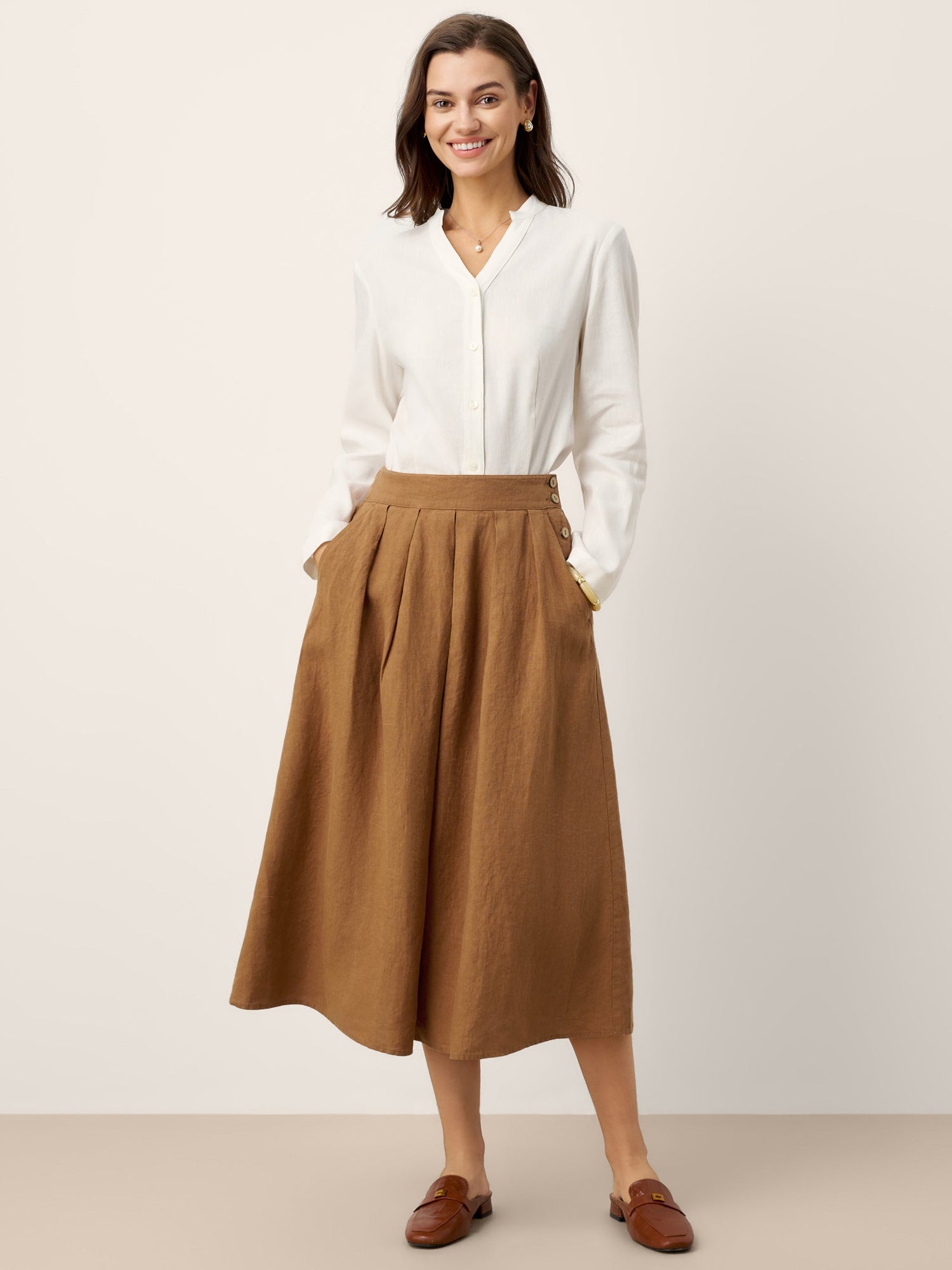 100% Linen Pleated Side Button Skirt LILITH - Glamourous Grace