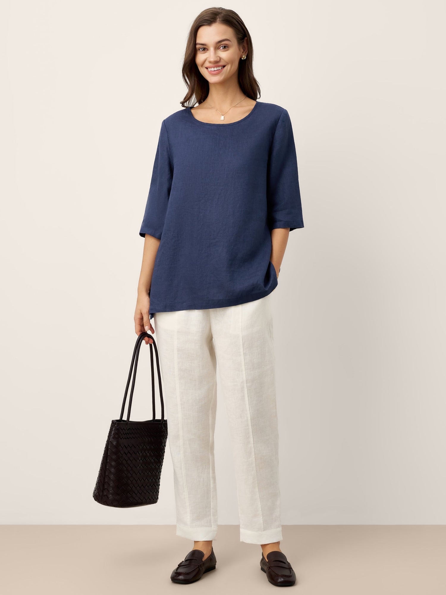 100% Linen Relaxed Back Button Top with Tab Sleeves SYLVANA - Glamourous Grace