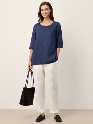 100% Linen Relaxed Back Button Top with Tab Sleeves SYLVANA - Glamourous Grace