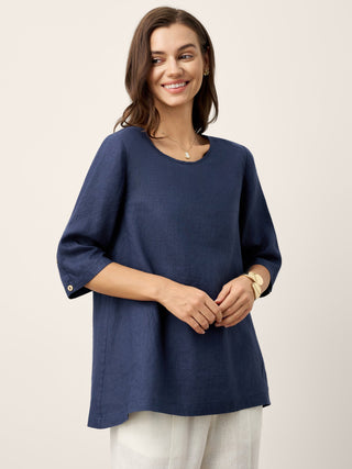 100% Linen Relaxed Back Button Top with Tab Sleeves SYLVANA - Glamourous Grace