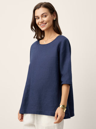 100% Linen Relaxed Back Button Top with Tab Sleeves SYLVANA - Glamourous Grace