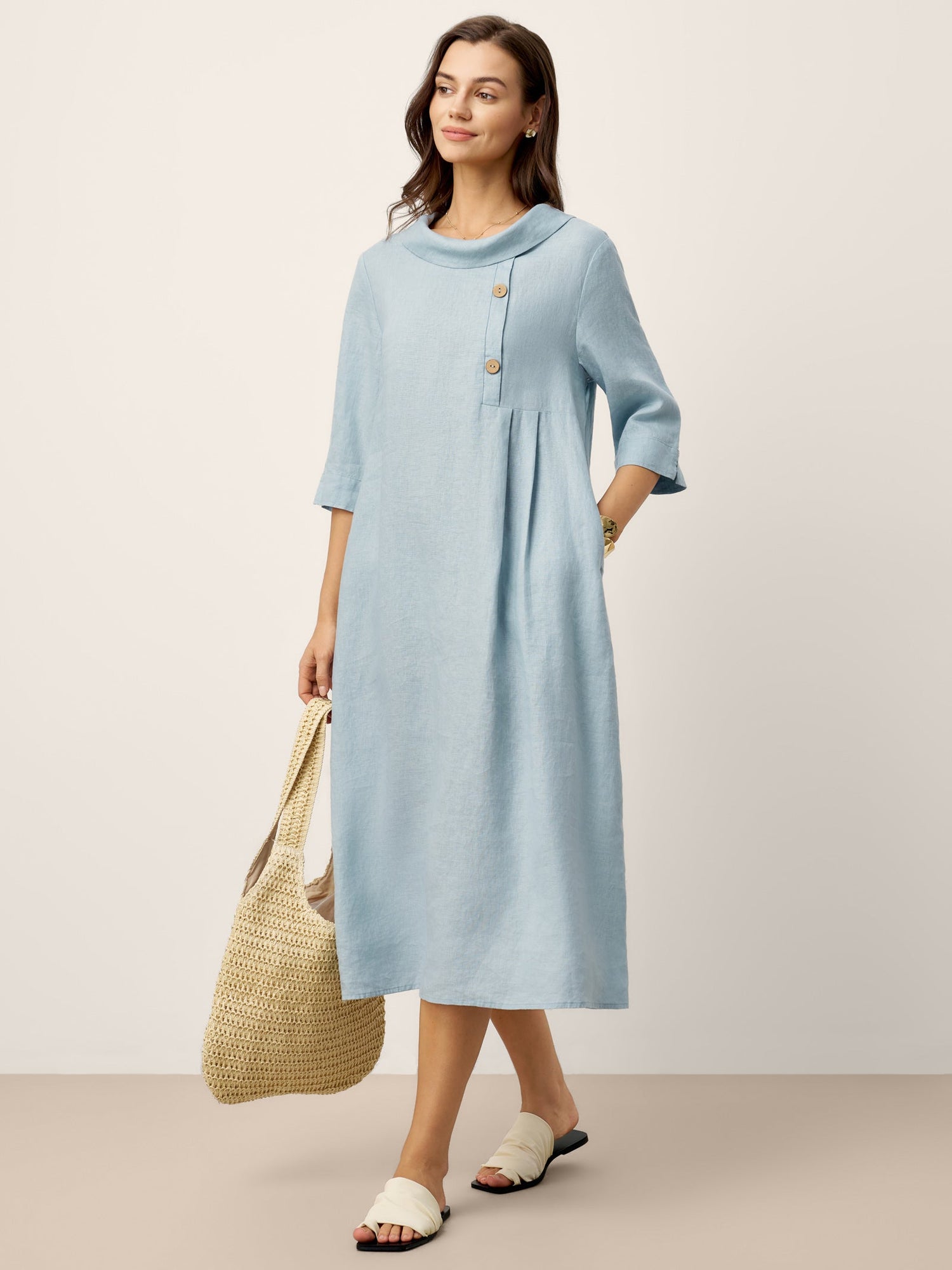 100% Linen Rolled Collar Asymmetric Button Maxi Dress ELARAINE - Glamourous Grace