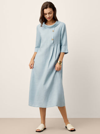 100% Linen Rolled Collar Asymmetric Button Maxi Dress ELARAINE - Glamourous Grace
