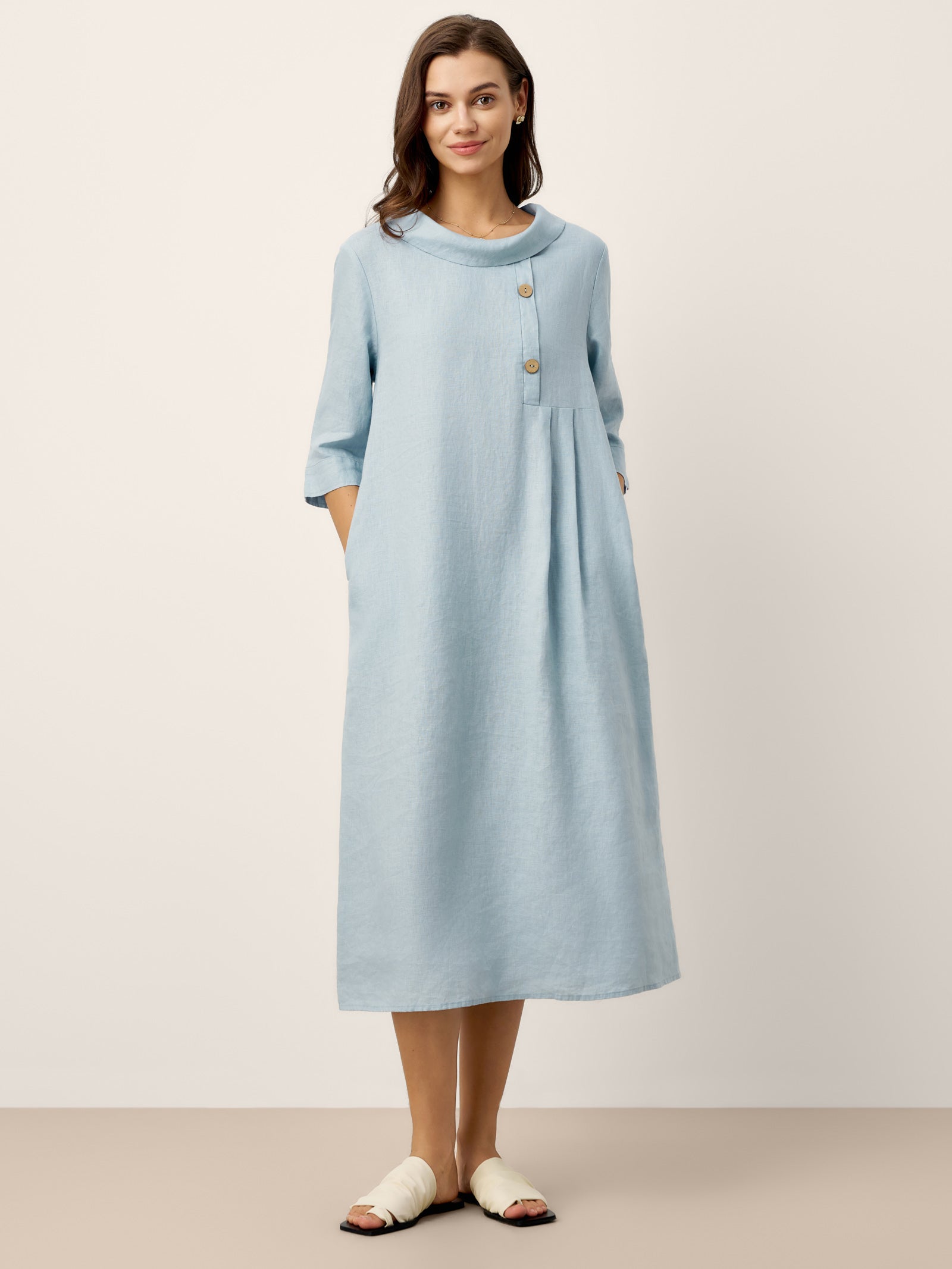 100% Linen Rolled Collar Asymmetric Button Midi Dress ELARAINE - Glamourous Grace