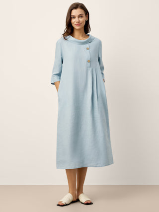 100% Linen Rolled Collar Asymmetric Button Maxi Dress ELARAINE - Glamourous Grace