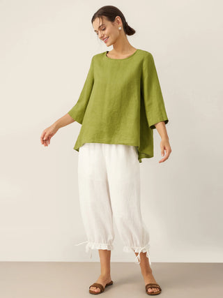 100% Linen Round Neck Asymmetrical Hem Top BRIANNA - Glamourous Grace