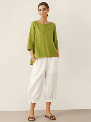 100% Linen Round Neck Asymmetrical Hem Top BRIANNA - Glamourous Grace