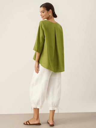 100% Linen Round Neck Asymmetrical Hem Top BRIANNA - Glamourous Grace