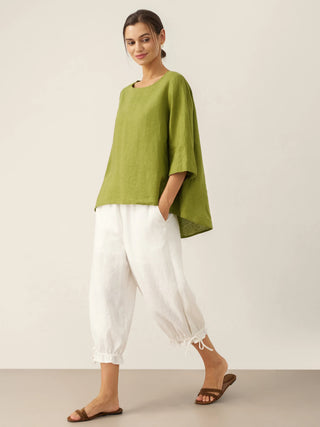 100% Linen Round Neck Asymmetrical Hem Top BRIANNA - Glamourous Grace