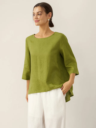 100% Linen Round Neck Asymmetrical Hem Top BRIANNA - Glamourous Grace