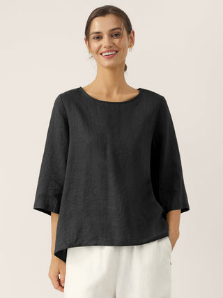 100% Linen Round Neck Asymmetrical Hem Top BRIANNA - Glamourous Grace