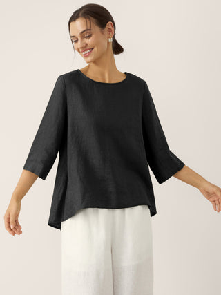 100% Linen Round Neck Asymmetrical Hem Top BRIANNA - Glamourous Grace