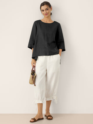 100% Linen Round Neck Asymmetrical Hem Top BRIANNA - Glamourous Grace