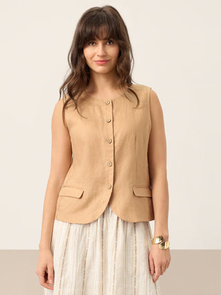 100% Linen Cinch-Back Sleeveless Tailored Vest BRONWYN