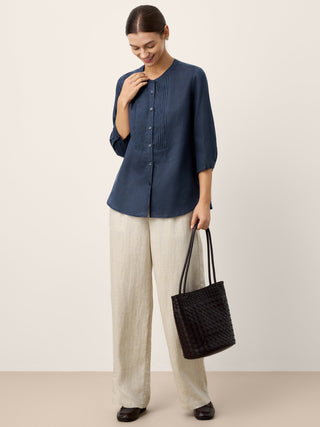 100% Linen Sculpted Accordion Pleat Crew Neck Shirt RANA - Glamourous Grace