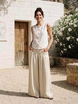 100% Linen Sculpted Pleat Elasticated Back Relaxed Pants VERIDIANA - Glamourous Grace