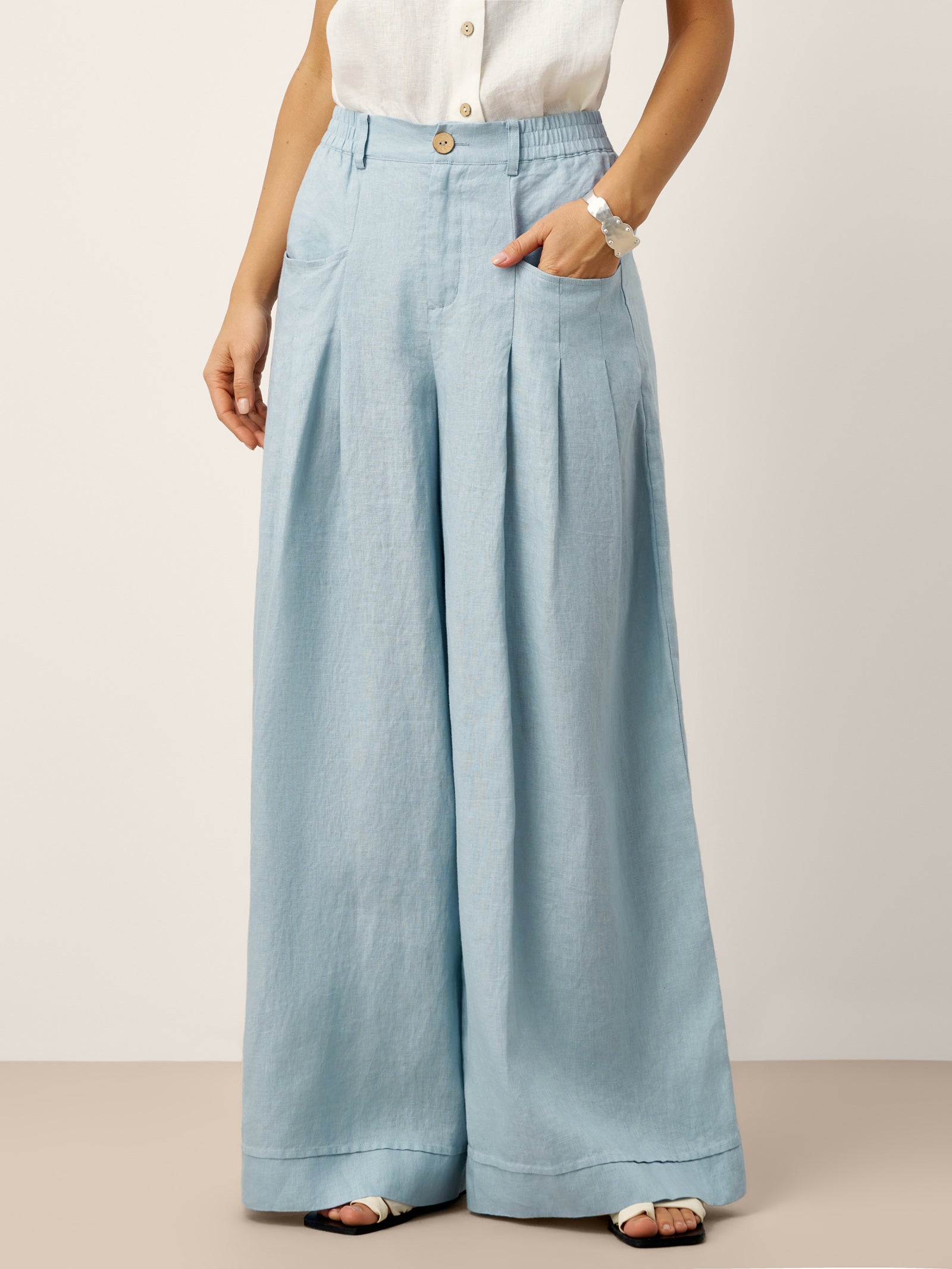 100% Linen Sculpted Pleat Elasticated Back Relaxed Pants VERIDIANA - Glamourous Grace