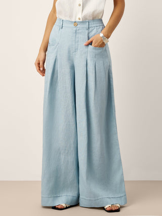 100% Linen Sculpted Pleat Elasticated Back Relaxed Pants VERIDIANA - Glamourous Grace