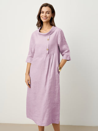 100% Linen Rolled Collar Asymmetric Button Maxi Dress ELARAINE - Glamourous Grace