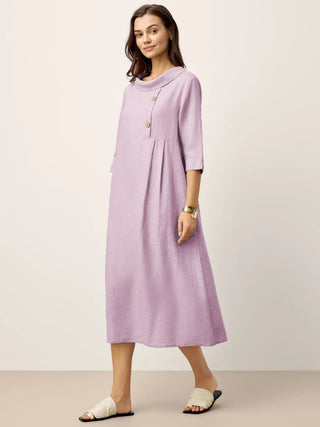 100% Linen Rolled Collar Asymmetric Button Maxi Dress ELARAINE - Glamourous Grace