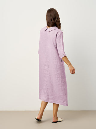 100% Linen Rolled Collar Asymmetric Button Maxi Dress ELARAINE - Glamourous Grace