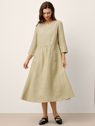 100% Linen Shirred Waistline Patch Pocket Maxi Dress MARCELLA - Glamourous Grace