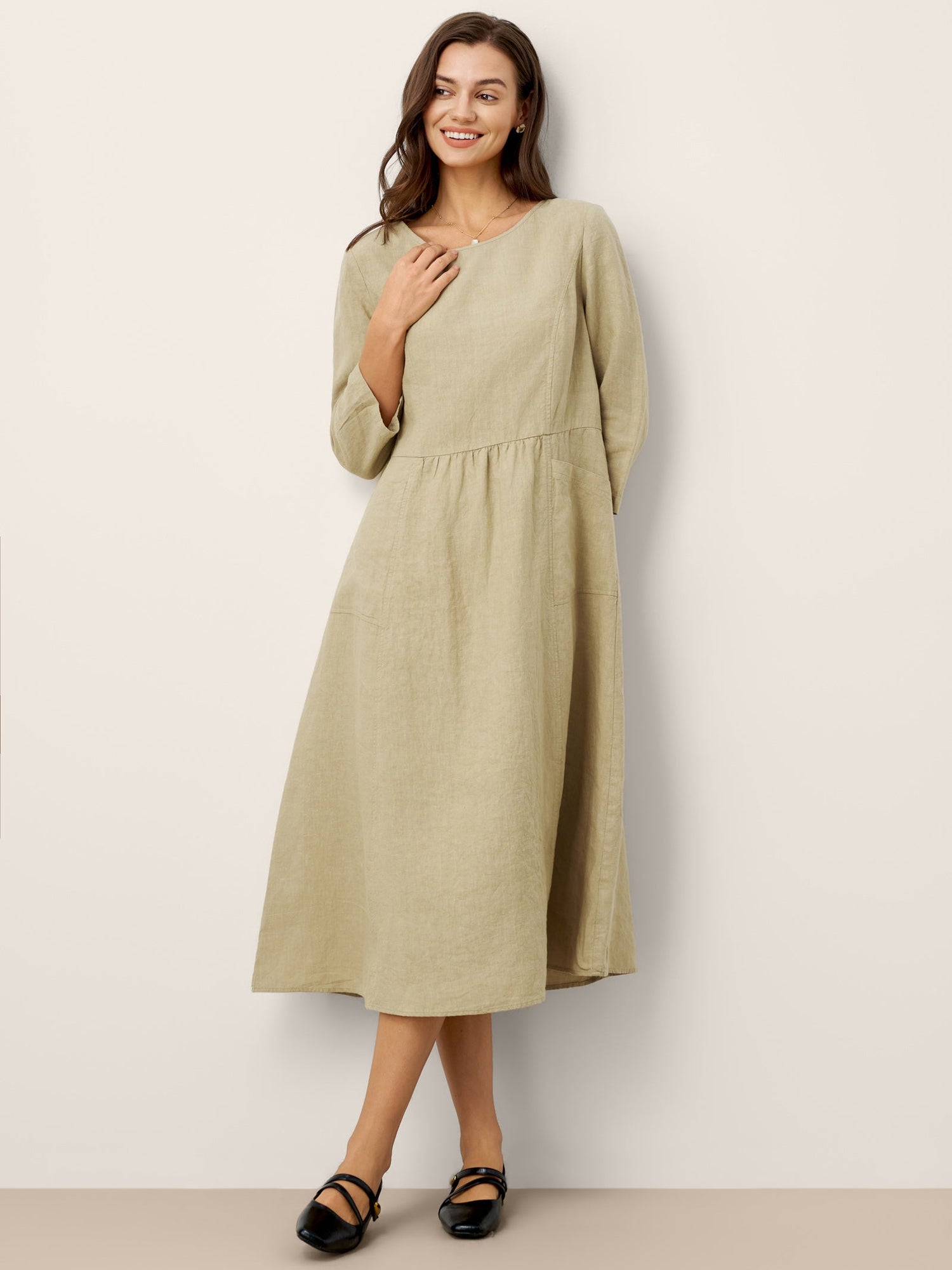 100% Linen Shirred Waistline Patch Pocket Maxi Dress MARCELLA - Glamourous Grace