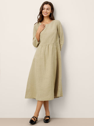 100% Linen Shirred Waistline Patch Pocket Maxi Dress MARCELLA - Glamourous Grace