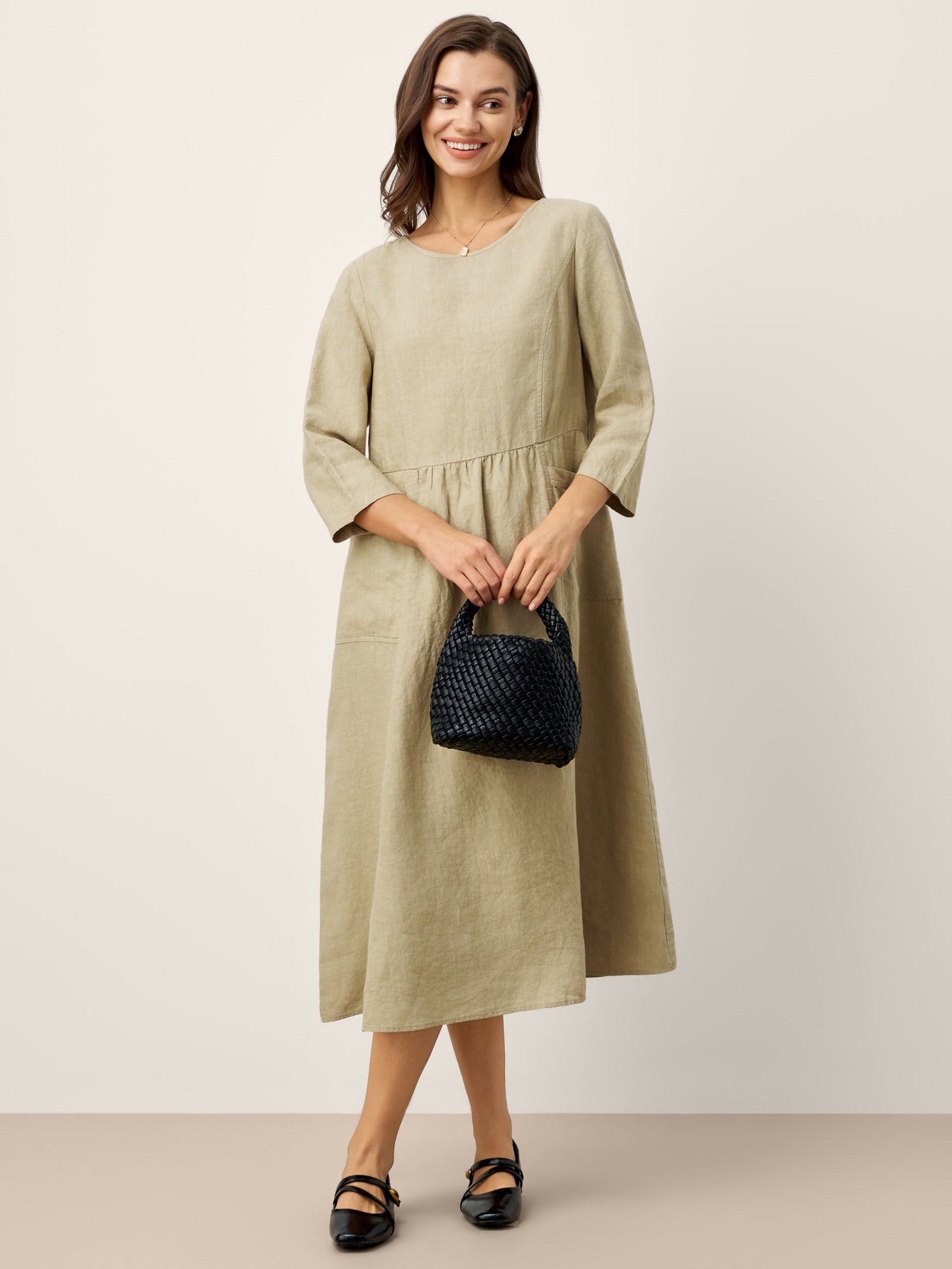 100% Linen Shirred Waistline Patch Pocket Maxi Dress MARCELLA - Glamourous Grace