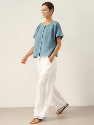 100% Linen Short Sleeve Crew Neck Shirt FINA - Glamourous Grace
