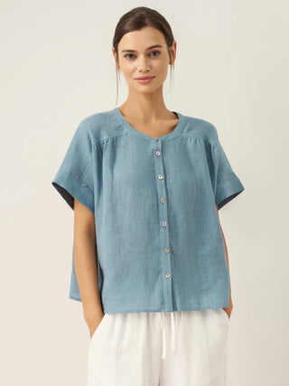 100% Linen Short Sleeve Crew Neck Shirt FINA - Glamourous Grace