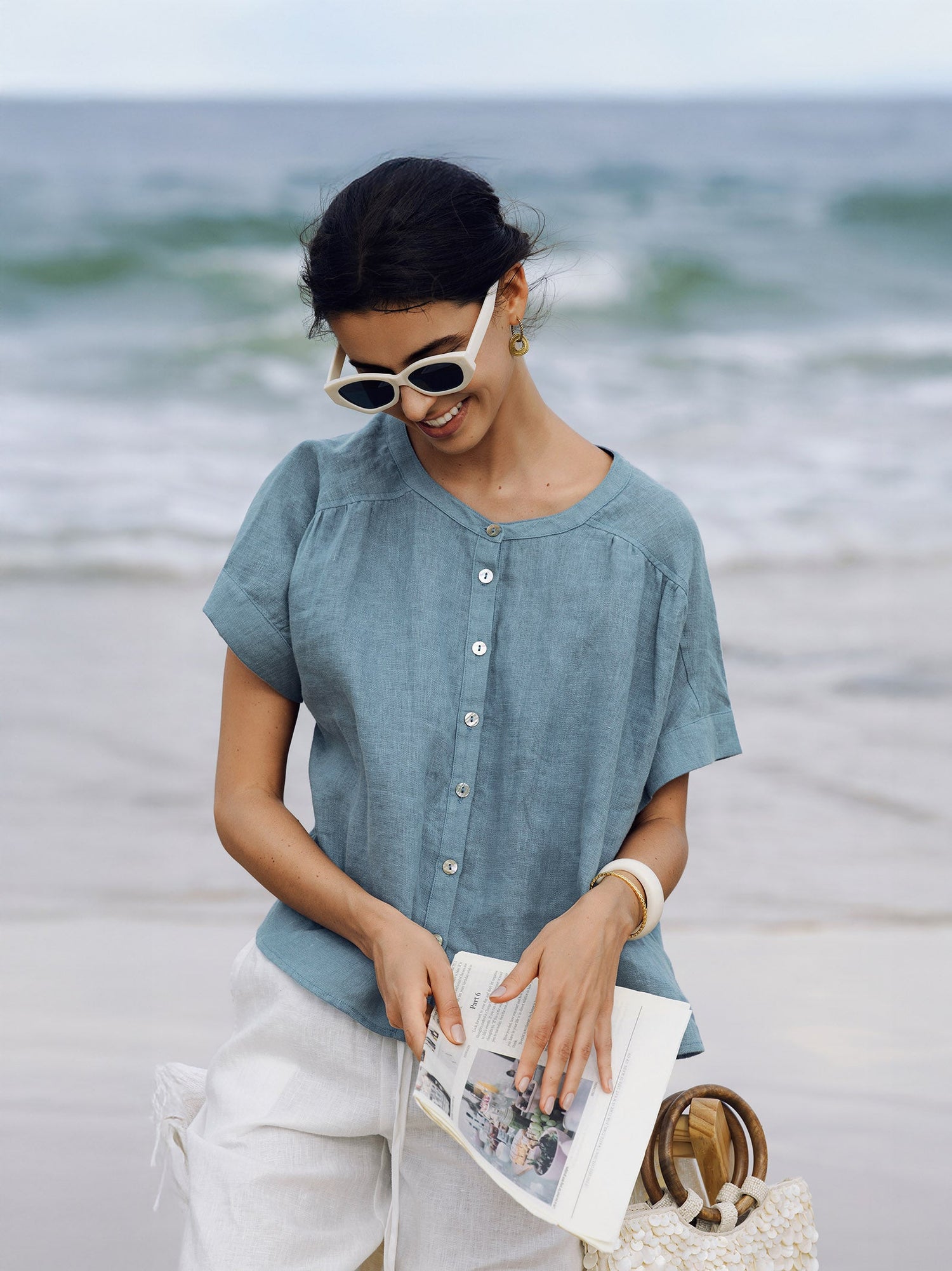 100% Linen Short Sleeve Crew Neck Shirt FINA - Glamourous Grace