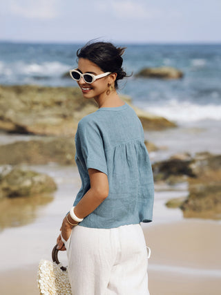 100% Linen Short Sleeve Crew Neck Shirt FINA - Glamourous Grace