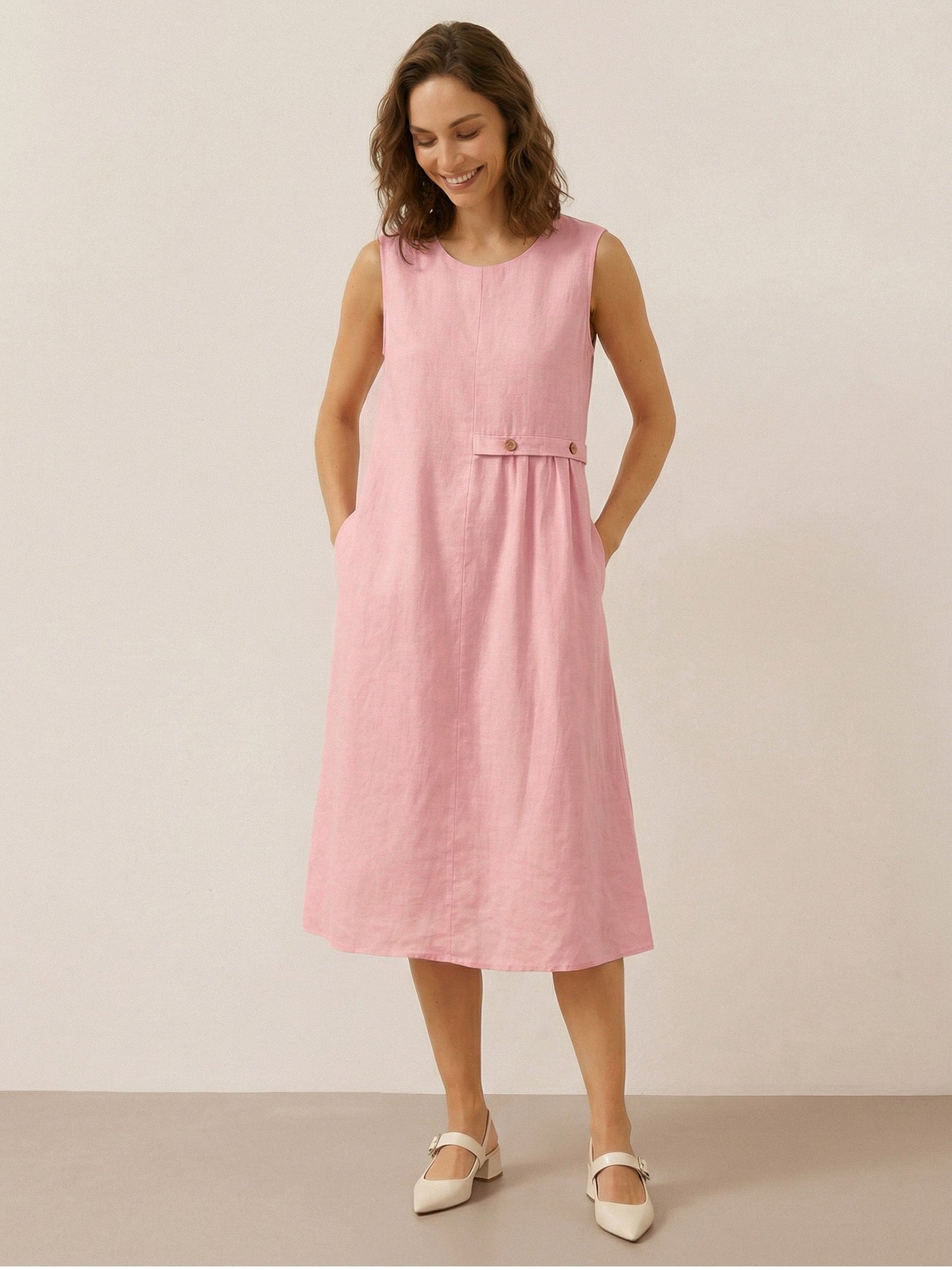 100% Linen Sleeveless Accordion Pleat Midi Dress TINA - Glamourous Grace