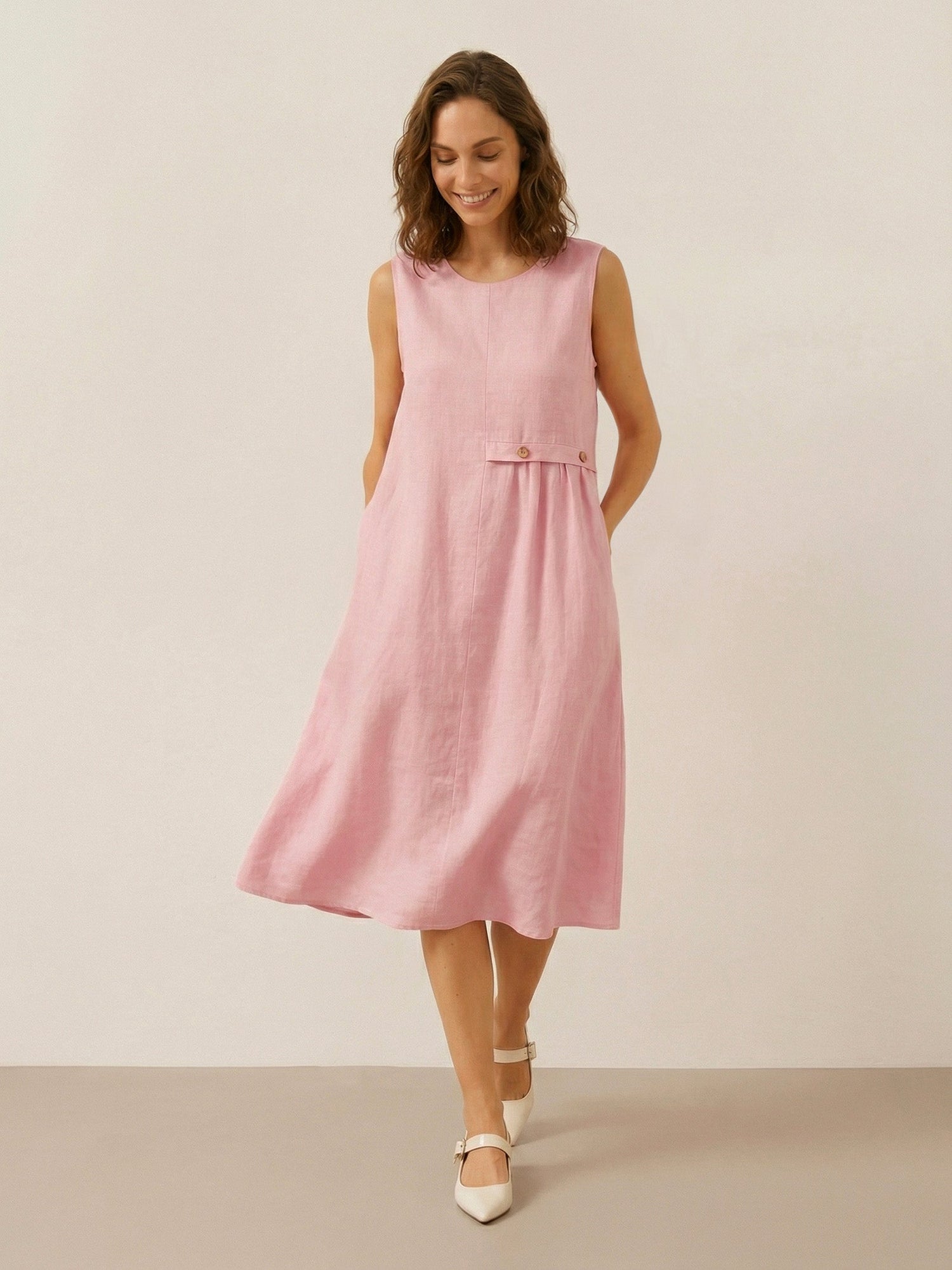 100% Linen Sleeveless Accordion Pleat Midi Dress TINA - Glamourous Grace