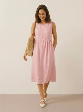 100% Linen Sleeveless Accordion Pleat Midi Dress TINA - Glamourous Grace
