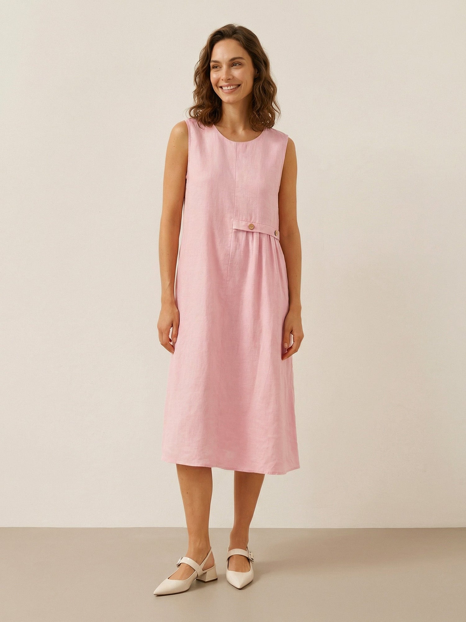 100% Linen Sleeveless Accordion Pleat Midi Dress TINA - Glamourous Grace