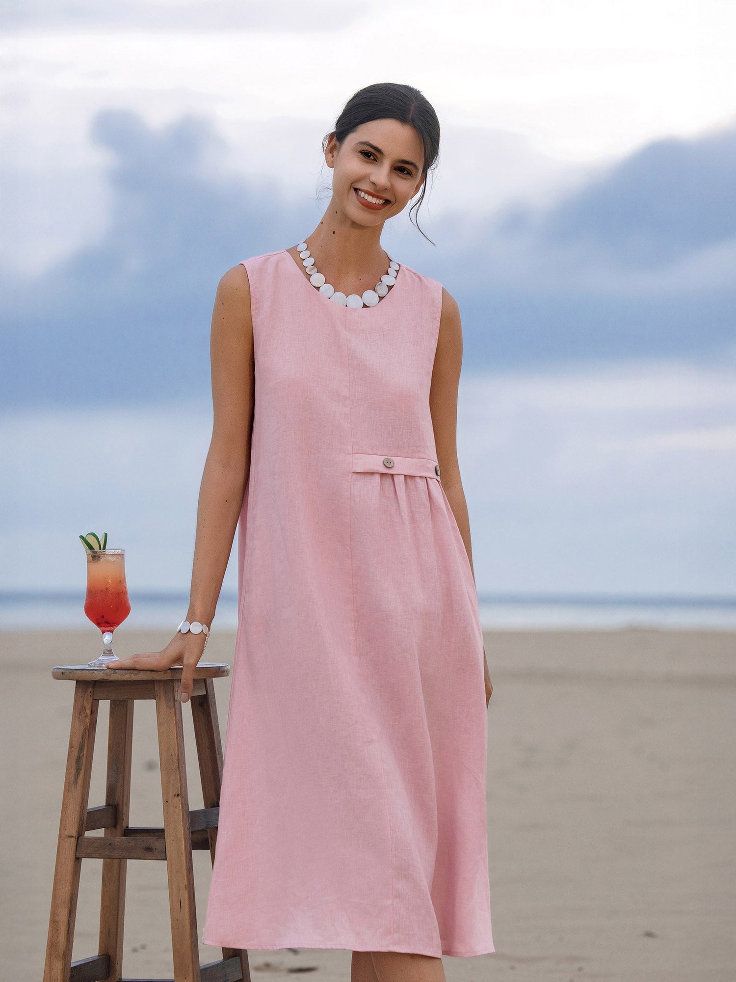 100% Linen Sleeveless Accordion Pleat Midi Dress TINA - Glamourous Grace