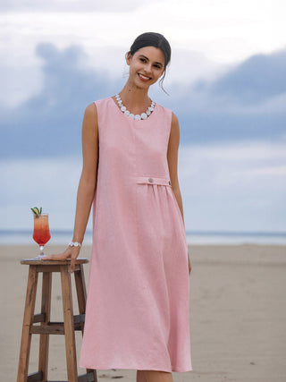 100% Linen Sleeveless Accordion Pleat Midi Dress TINA - Glamourous Grace