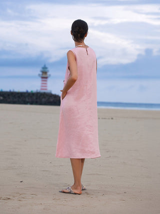 100% Linen Sleeveless Accordion Pleat Midi Dress TINA - Glamourous Grace