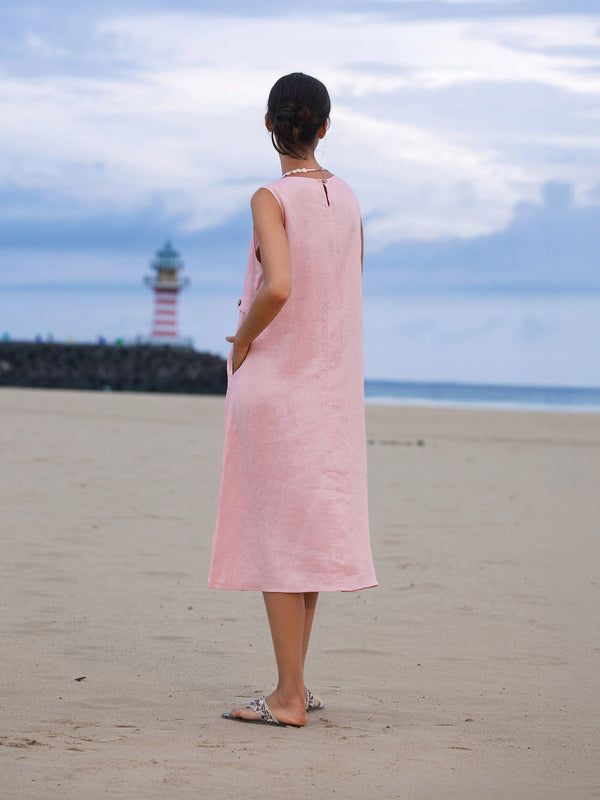 100% Linen Sleeveless Accordion Pleat Midi Dress TINA - Glamourous Grace
