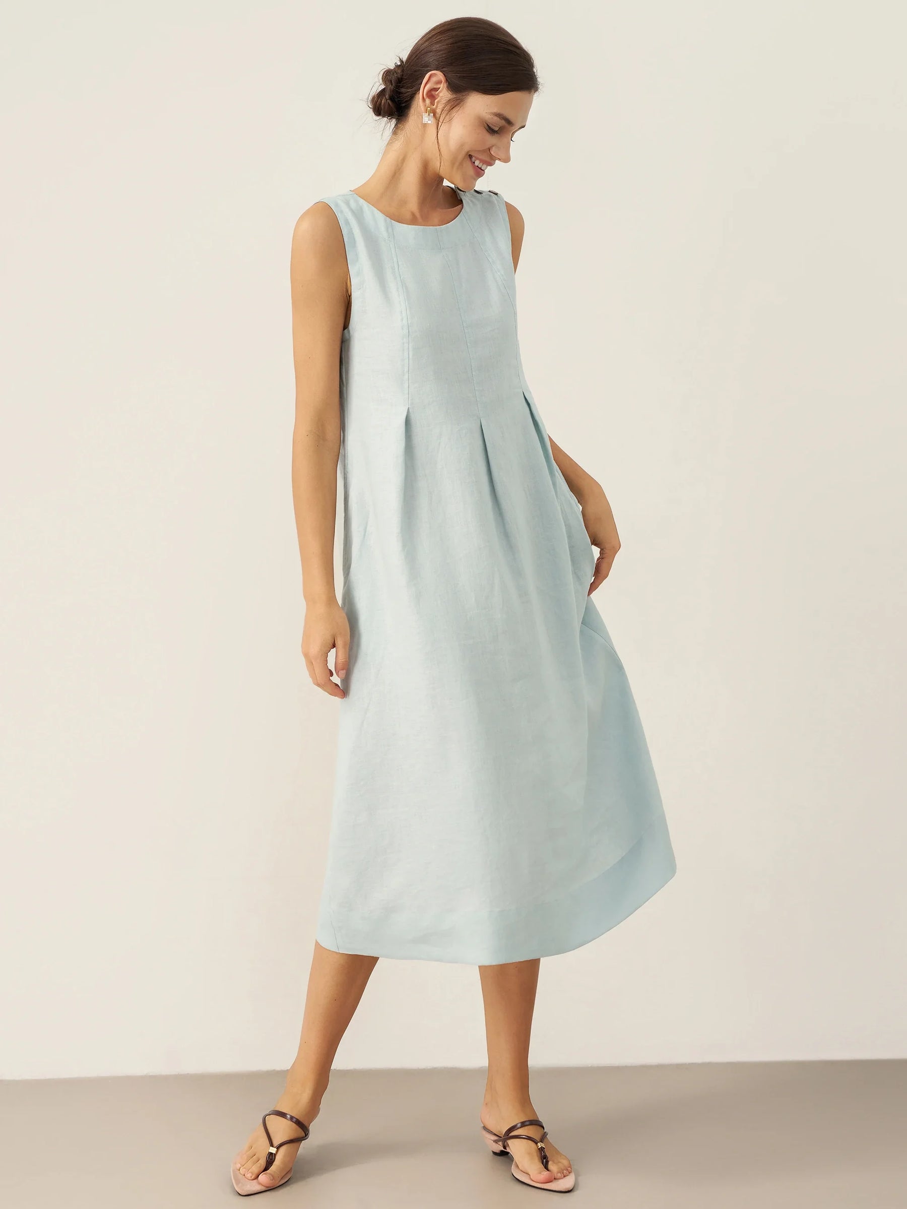 100% Linen Sleeveless Shoulder Button Midi Dress FREYA - Glamourous Grace