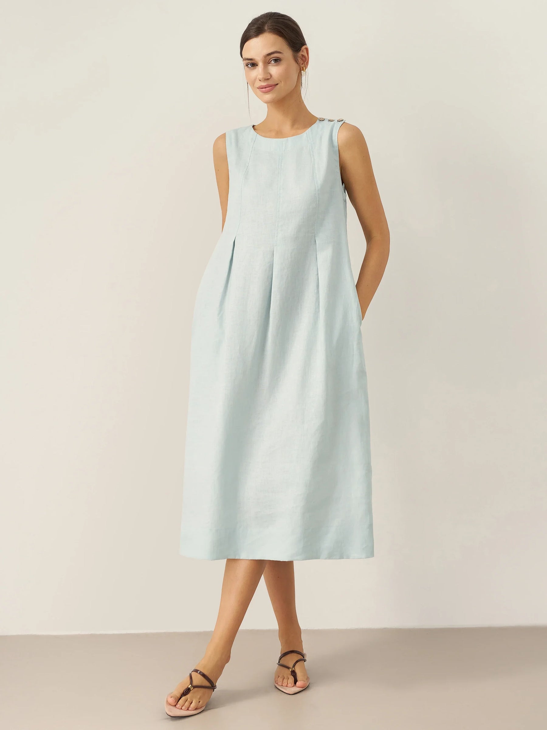 100% Linen Sleeveless Shoulder Button Midi Dress FREYA - Glamourous Grace