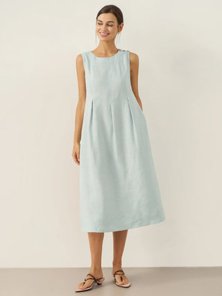 100% Linen Sleeveless Shoulder Button Midi Dress FREYA - Glamourous Grace