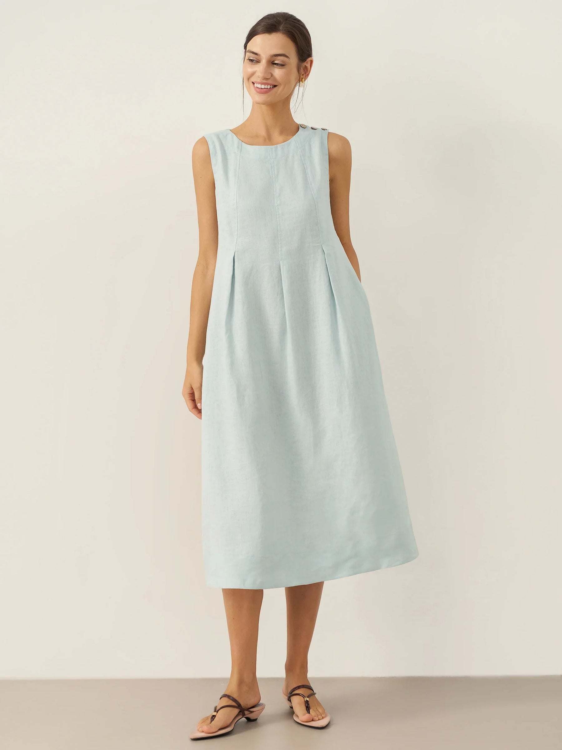 100% Linen Sleeveless Shoulder Button Midi Dress FREYA - Glamourous Grace