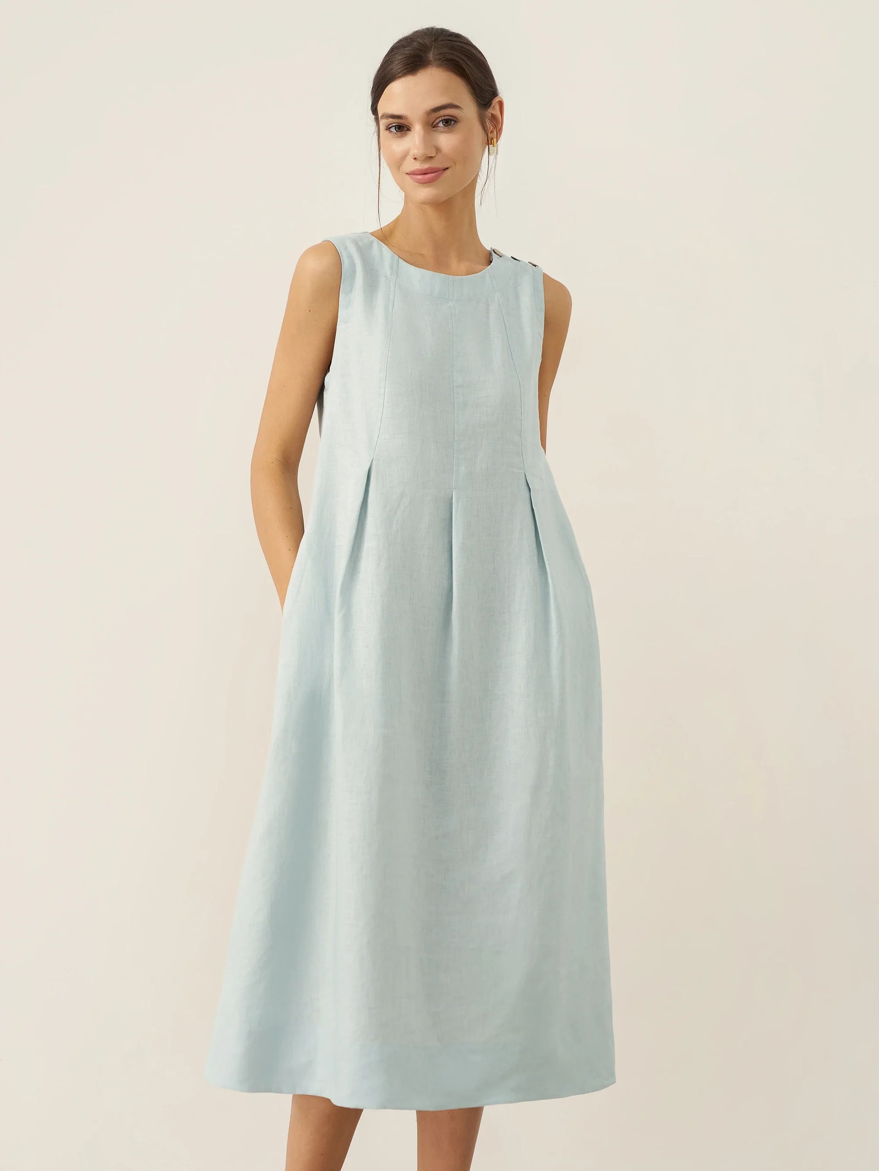 100% Linen Sleeveless Shoulder Button Midi Dress FREYA - Glamourous Grace