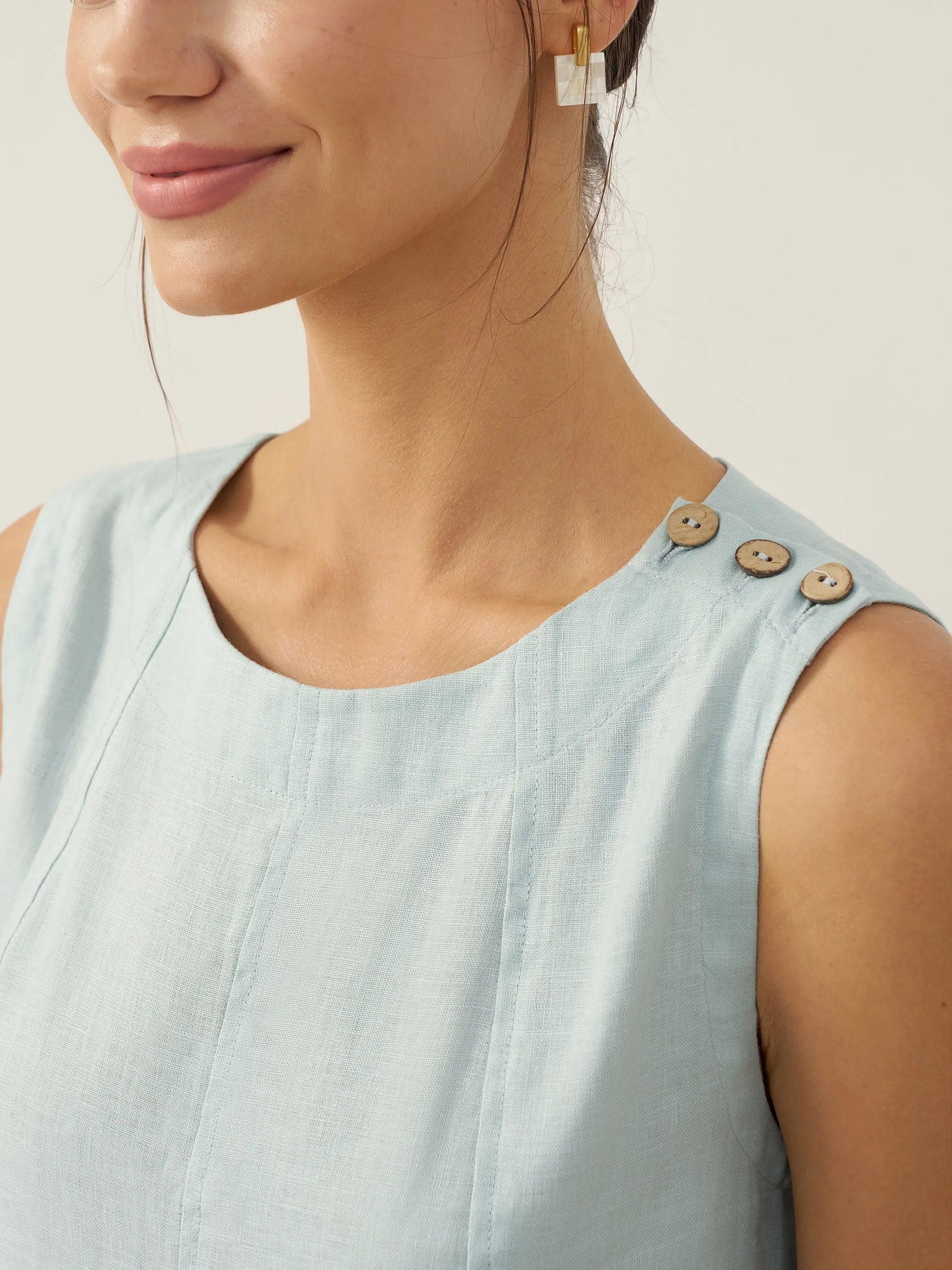 100% Linen Sleeveless Shoulder Button Midi Dress FREYA - Glamourous Grace