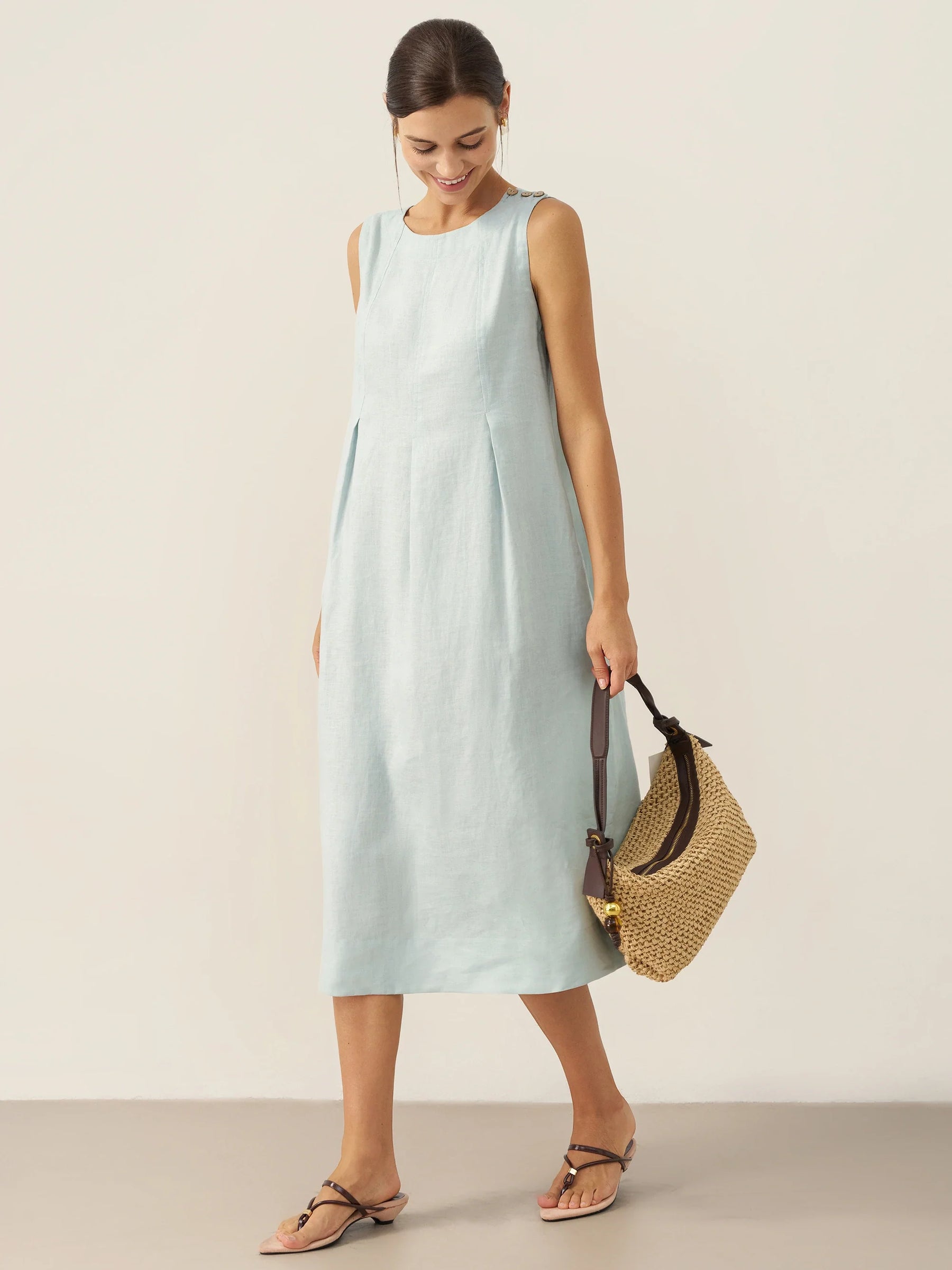 100% Linen Sleeveless Shoulder Button Midi Dress FREYA - Glamourous Grace